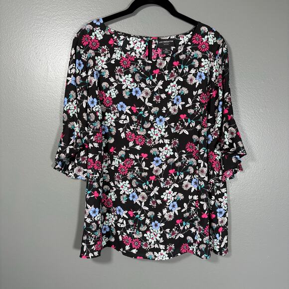 Liz Claiborne Women's Black Floral Flutter Sleeve Boho Top - Size PXL (Petite) - Picture 1 of 5